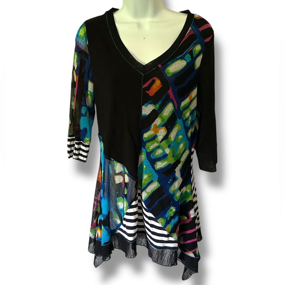Women's Lior Paris Stripes and Patchwork Pattern Tunic Top S